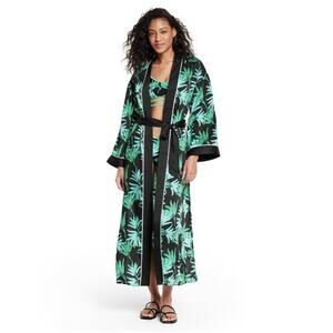 Fe Noel Target Feathered Palm Print Green Black Robe Cover Up Plus Size 2X NWT